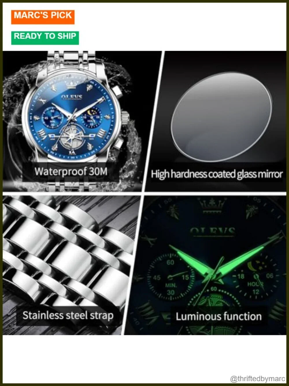 Stainless Steel Chronograph Watch with Roman Numerals, Luminous, Water
